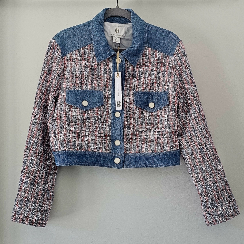 House of Harlow 1960 Tweed and Denim Cropped Long Sleeve Jacket Size L